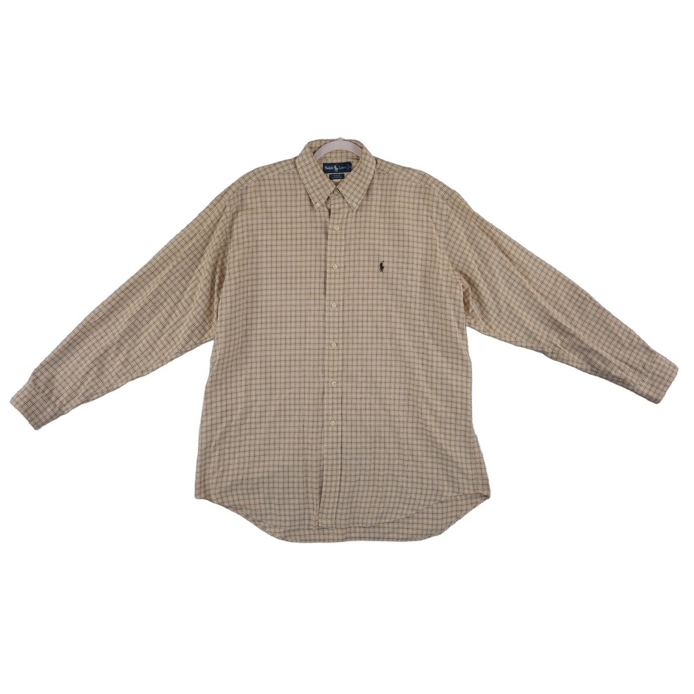 Ralph Lauren Blake Plaid Button Down Shirt Men Size Large Tan Brown 100% Cotton